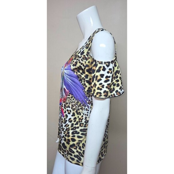 ASH & SARA Leopard Cold Shoulder Top Blouse with Colorful Design Women Size Sm - Picture 4 of 7